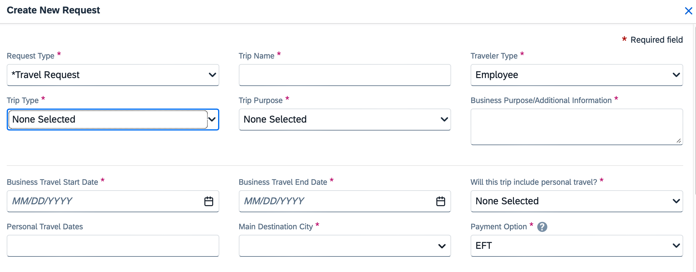 Create new travel request