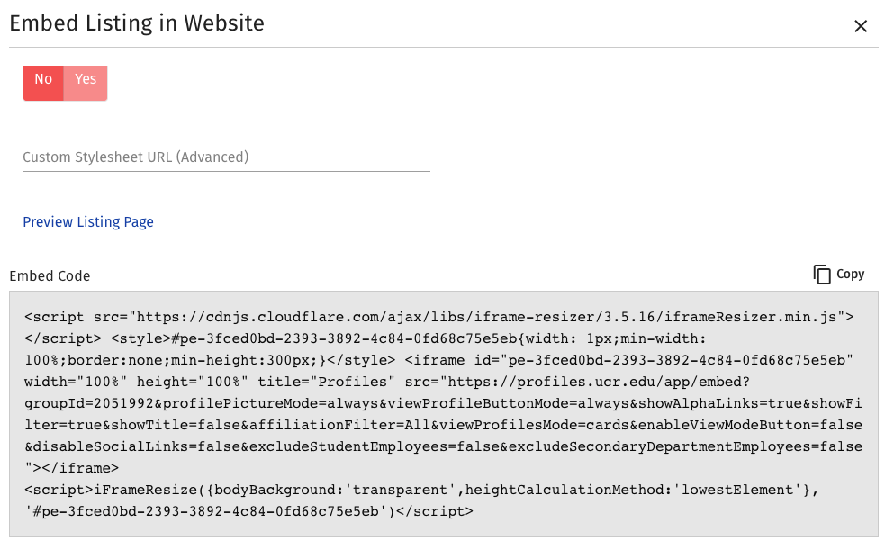 Profiles: Embed Code