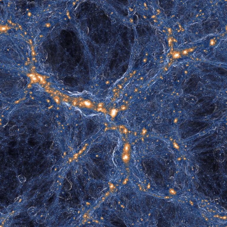 Computer simulation of a region of the universe wherein a low-density “void” (dark blue region at top center) is surrounded by denser structures containing numerous galaxies (orange/white). The research done by Becker and his team suggests that early in cosmic history, these void regions would have been the murkiest places in the universe even though they contained the least amount of dark matter and gas.